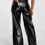 Afrm Ultra Low Rise Faux Leather Wide Leg Trousers In Black