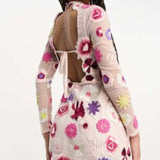 Miss Selfridge Premium Embroidered Floral Long Sleeve Back Detail Mini Dress In Light Pink