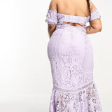 Asos Design Curve Lace Bardot Cut Out Maxi Dress With Frill Hem In Lilac