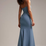 Asos Design Bridesmaid Crepe Strappy Fishtail Maxi Dress In Dusky Blue