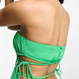 Asos Design Ruched Bandeau Washed Satin Maxi Dress With Tie Detail In Green