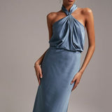 Asos Design Bridesmaid Curve Satin Ruched Halter Neck Maxi Dress In Dusky Blue