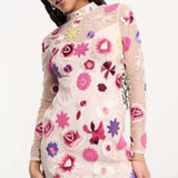 Miss Selfridge Premium Embroidered Floral Long Sleeve Back Detail Mini Dress In Light Pink
