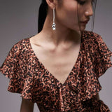 Topshop Ruffle Wrap Midi Dress In Brown Animal