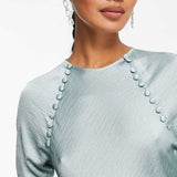 Asos Design Satin Biased Maxi Dress With Button Detail In Silver Blue