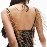 Topshop Maxi Dress With Beaded Fringing Detail In Black