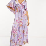 Asos Design Satin Flutter Sleeve V-Neck Maxi Dress With Tier Hem In Lilac Paisley Print