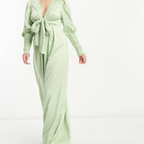 Collective The Label Petite Exclusive Plunge Front Wide Leg Jumpsuit In Sage