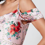 Hope & Ivy Cold Shoulder Satin Midi Dress In Red Floral Tile Print – dresses by Hope & Ivy, available to rent from Hirestreet
