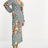 Asos Design Long Sleeve V Neck Midi Dress In Mixed Print