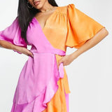Flounce London Plus Flutter Sleeve Ruffle Mini Dress In Contrast Pink And Orange