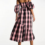 Collusion Off The Shoulder Midi Dress In Pink Check