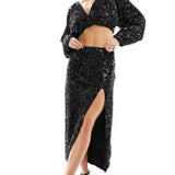 Asos Design Sequin Midi Skirt With Split Detail Co-Ord In Black