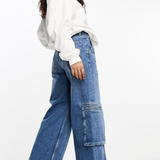 Only Hope Wide Leg Cargo Jeans In Mid Blue
