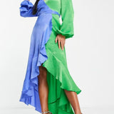 Flounce London Petite Balloon Sleeve Ruffle Maxi Dress In Contrast Blue And Green