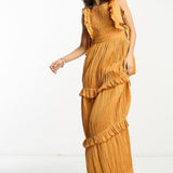 Reclaimed Vintage Shirred Ruffle Maxi Dress In Spice Orange