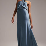 Asos Design Bridesmaid Curve Satin Ruched Halter Neck Maxi Dress In Dusky Blue