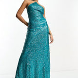 Asos Design Halter Lace Up Back Maxi Dress In Allover Sequin In Blue