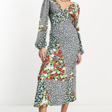 Asos Design Long Sleeve V Neck Midi Dress In Mixed Print