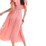 Little Mistress Lace Detail Midaxi Flutter Sleeve Dress In Coral