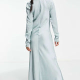 Asos Design Satin Biased Maxi Dress With Button Detail In Silver Blue