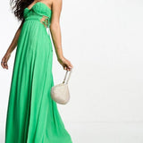 Asos Design Ruched Bandeau Washed Satin Maxi Dress With Tie Detail In Green