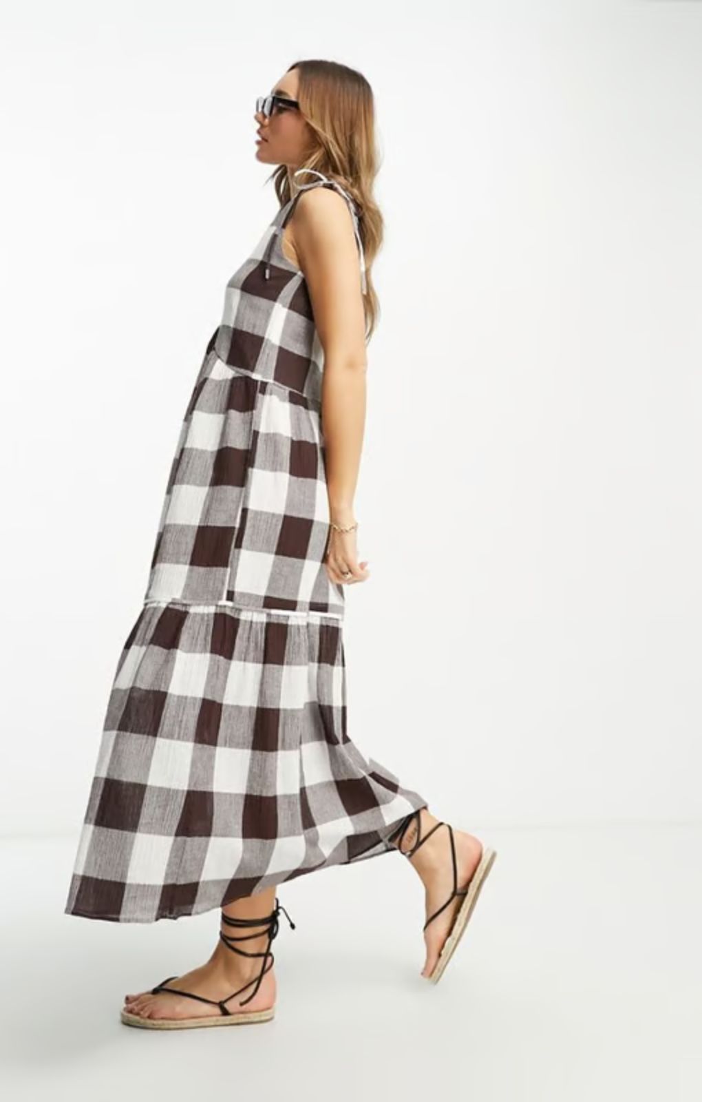Rent Asos Design Curve Crinkle Trapeze Maxi Sundress In Chocolate Gingham