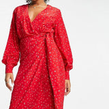 Glamorous Long Sleeve Fitted Wrap Dress In Multi Red Ditsy Floral