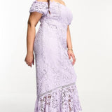 Asos Design Curve Lace Bardot Cut Out Maxi Dress With Frill Hem In Lilac