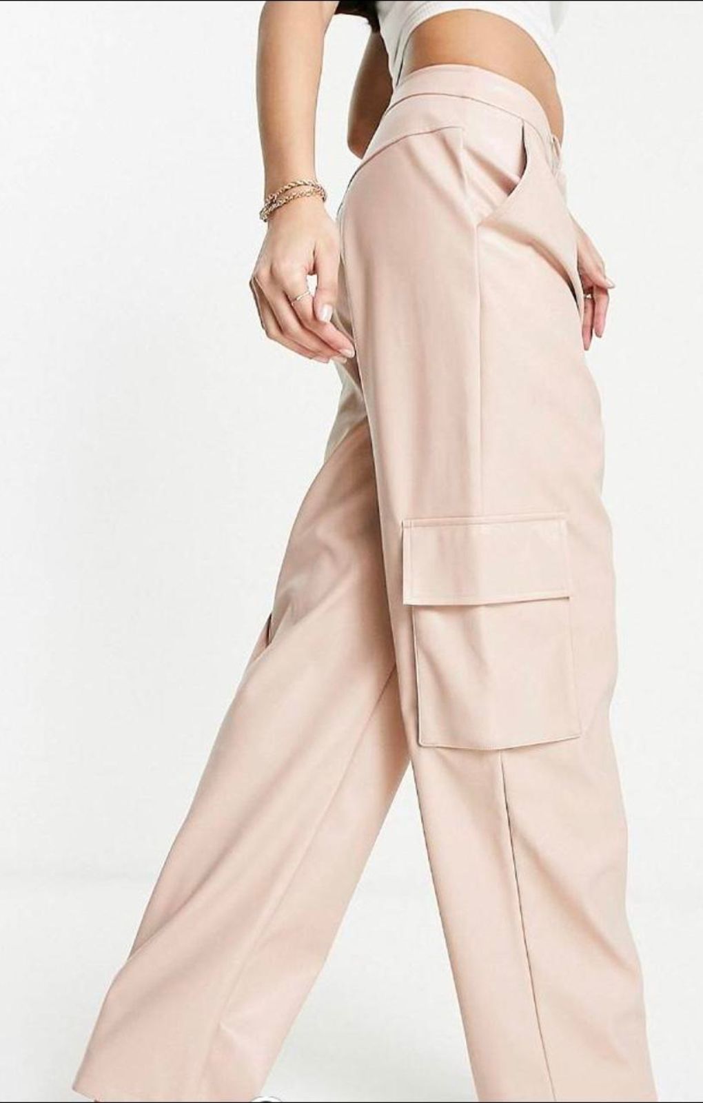Miss Selfridge Faux Leather Wide Leg Cargo Trouser In Taupe – trousers by Miss Selfridge, available to rent from Hirestreet