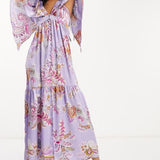 Asos Design Satin Flutter Sleeve V-Neck Maxi Dress With Tier Hem In Lilac Paisley Print