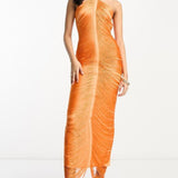 Asos Design Fringe Drape Halter Maxi Dress In Hot Orange