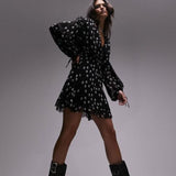 Topshop Collar Neck Mini Dress With Raw Seams In Mono Floral