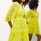 Asos Edition Broderie Twist Front Mini Dress With Puff Sleeve In Yellow