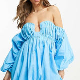 Asos Design Cotton Ruched Bandeau Mini Dress With Off Shoulder Puff Sleeve In Turquoise