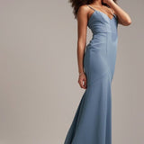 Asos Design Bridesmaid Crepe Strappy Fishtail Maxi Dress In Dusky Blue