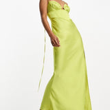 Asos Design Satin Corset Detail Plunge Midi Dress In Lime Green