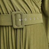 Asos Design Wrap Front Midi Dress With Pleat Skirt And Belt In Khaki