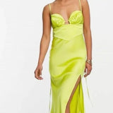 Asos Design Satin Corset Detail Plunge Midi Dress In Lime Green