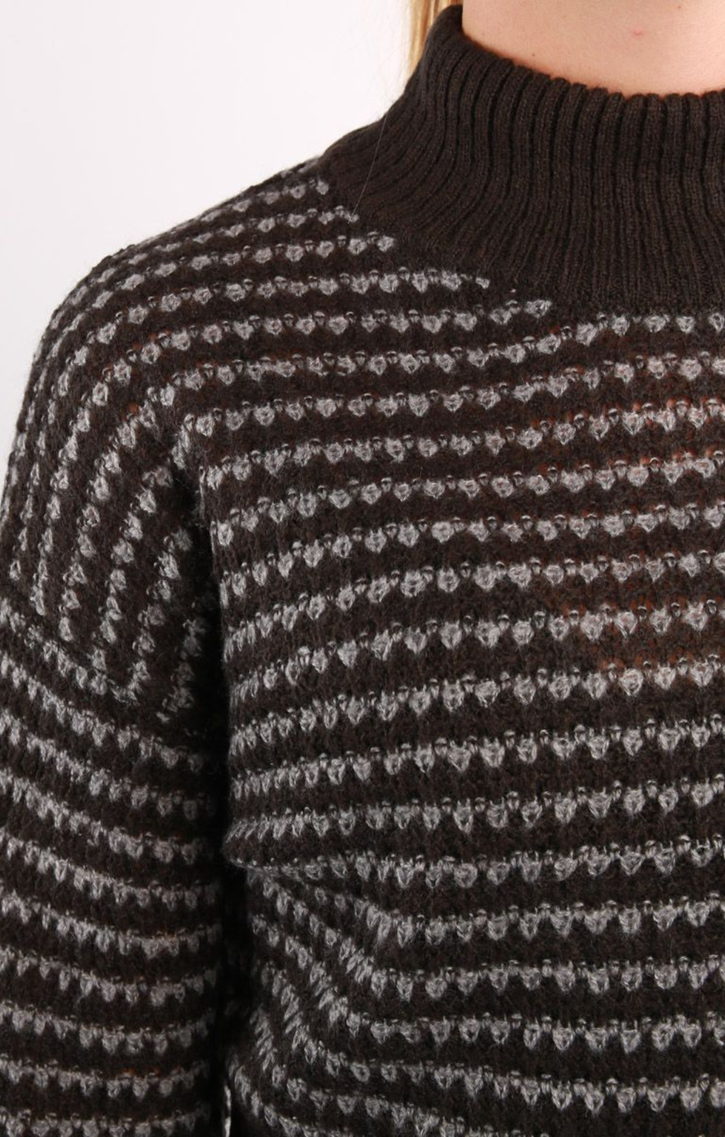 Noisy May High Neck Fluffy Jumper In Black & Grey Stripe – tops by Noisy May, available to rent from Hirestreet
