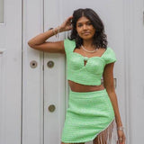 Labelrail X Pose And Repeat Mini Skirt In Green Boucle With Diamante Trim Curtain