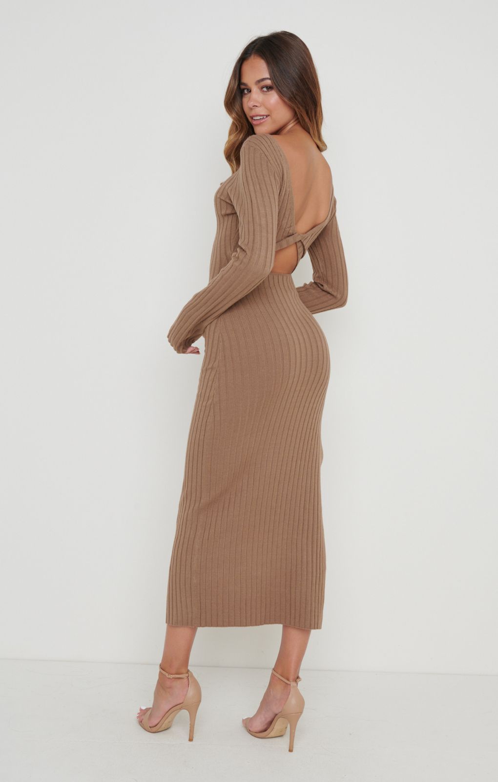 Pretty Lavish Adora Twist Knot Back Taupe Midaxi Dress – dresses by Pretty Lavish, available to rent from Hirestreet