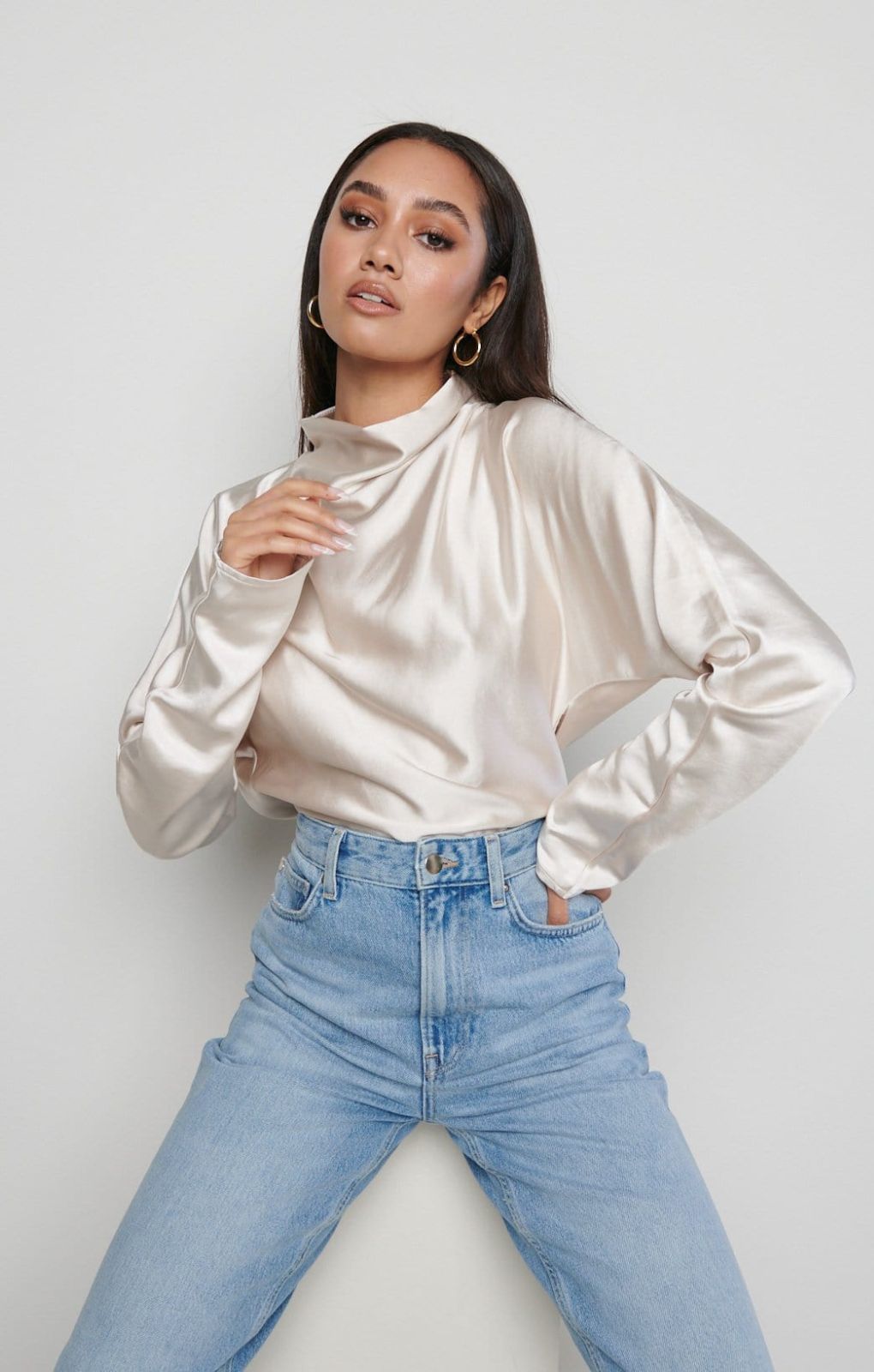 Pretty Lavish Bonnie High Neck Oyster Backless Blouse – tops by Pretty Lavish, available to rent from Hirestreet