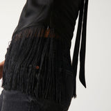 Pretty Lavish Callie Asymmetric Black Fringed Top – tops by Pretty Lavish, available to rent from Hirestreet
