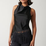 Pretty Lavish Callie Asymmetric Black Fringed Top – tops by Pretty Lavish, available to rent from Hirestreet