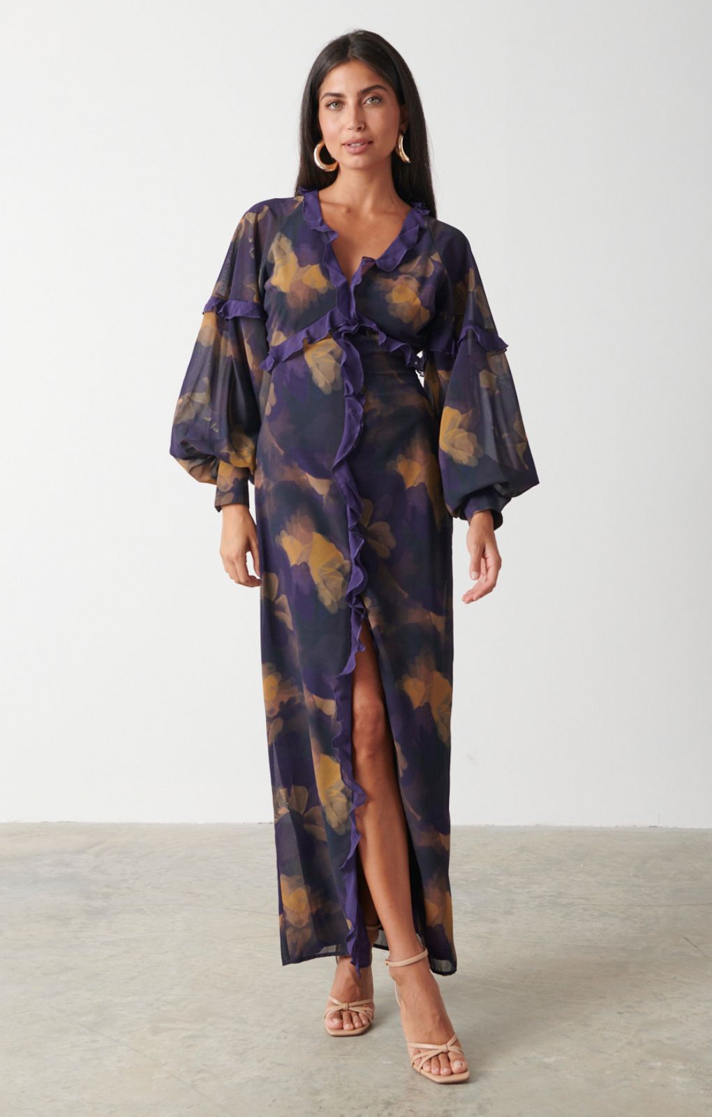Pretty Lavish Francesca Frill Dark Amethyst & Saffron Floral Maxi Dress – dresses by Pretty Lavish, available to rent from Hirestreet