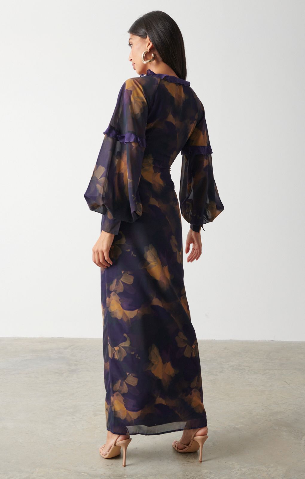 Pretty Lavish Francesca Frill Dark Amethyst & Saffron Floral Maxi Dress – dresses by Pretty Lavish, available to rent from Hirestreet