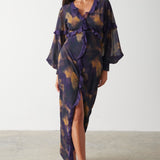 Pretty Lavish Francesca Frill Dark Amethyst & Saffron Floral Maxi Dress – dresses by Pretty Lavish, available to rent from Hirestreet