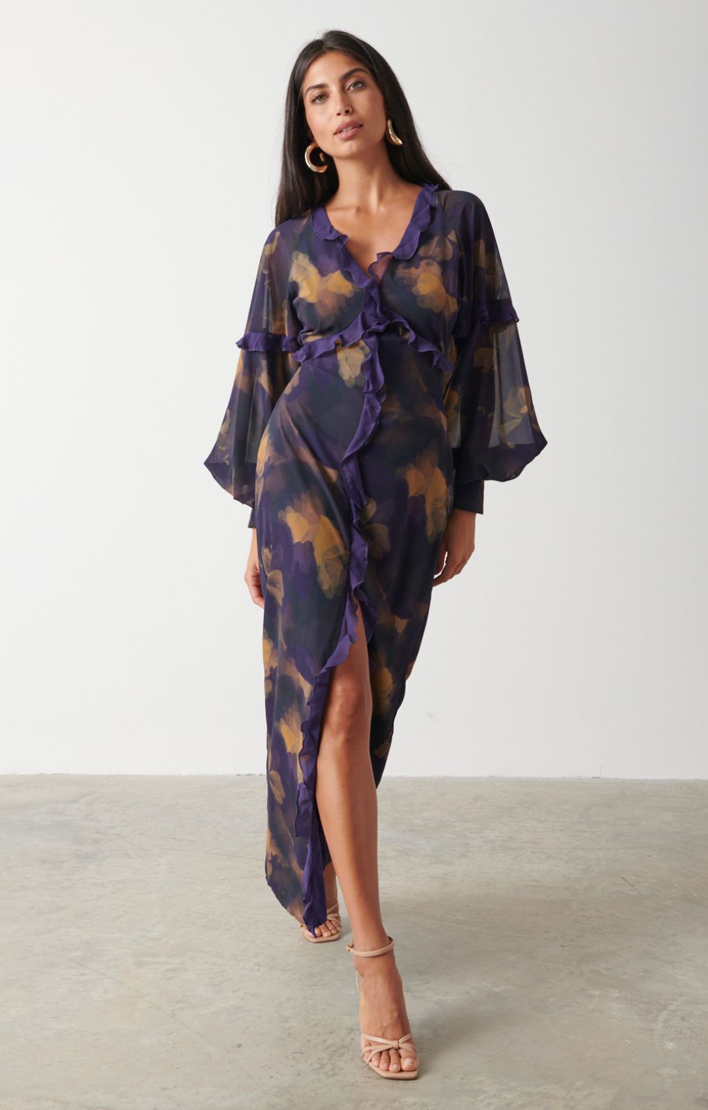 Pretty Lavish Francesca Frill Dark Amethyst & Saffron Floral Maxi Dress – dresses by Pretty Lavish, available to rent from Hirestreet