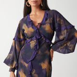 Pretty Lavish Francesca Frill Dark Amethyst & Saffron Floral Maxi Dress – dresses by Pretty Lavish, available to rent from Hirestreet